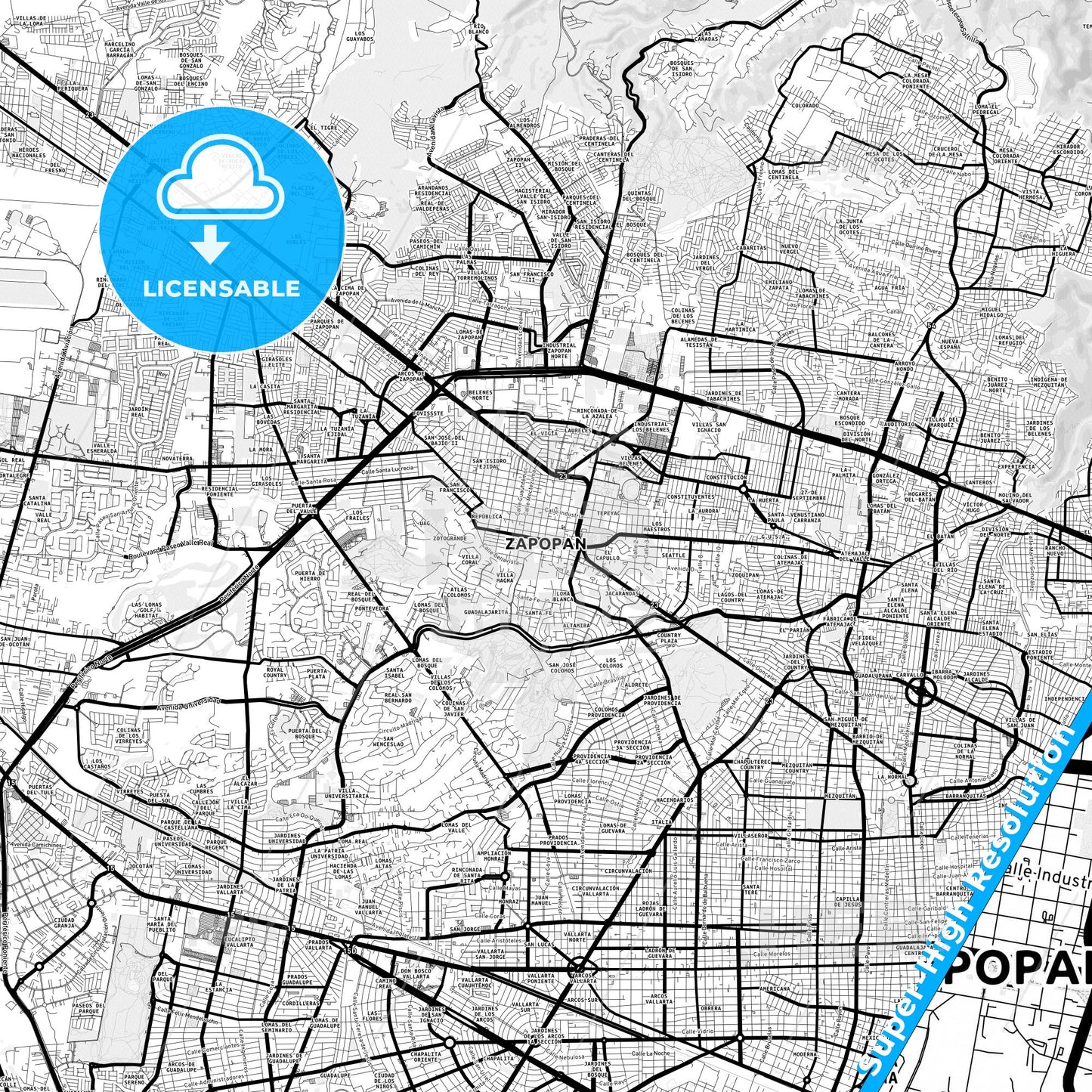 Zapopan, Mexico Light Map with Street Names, City Names, and Districts