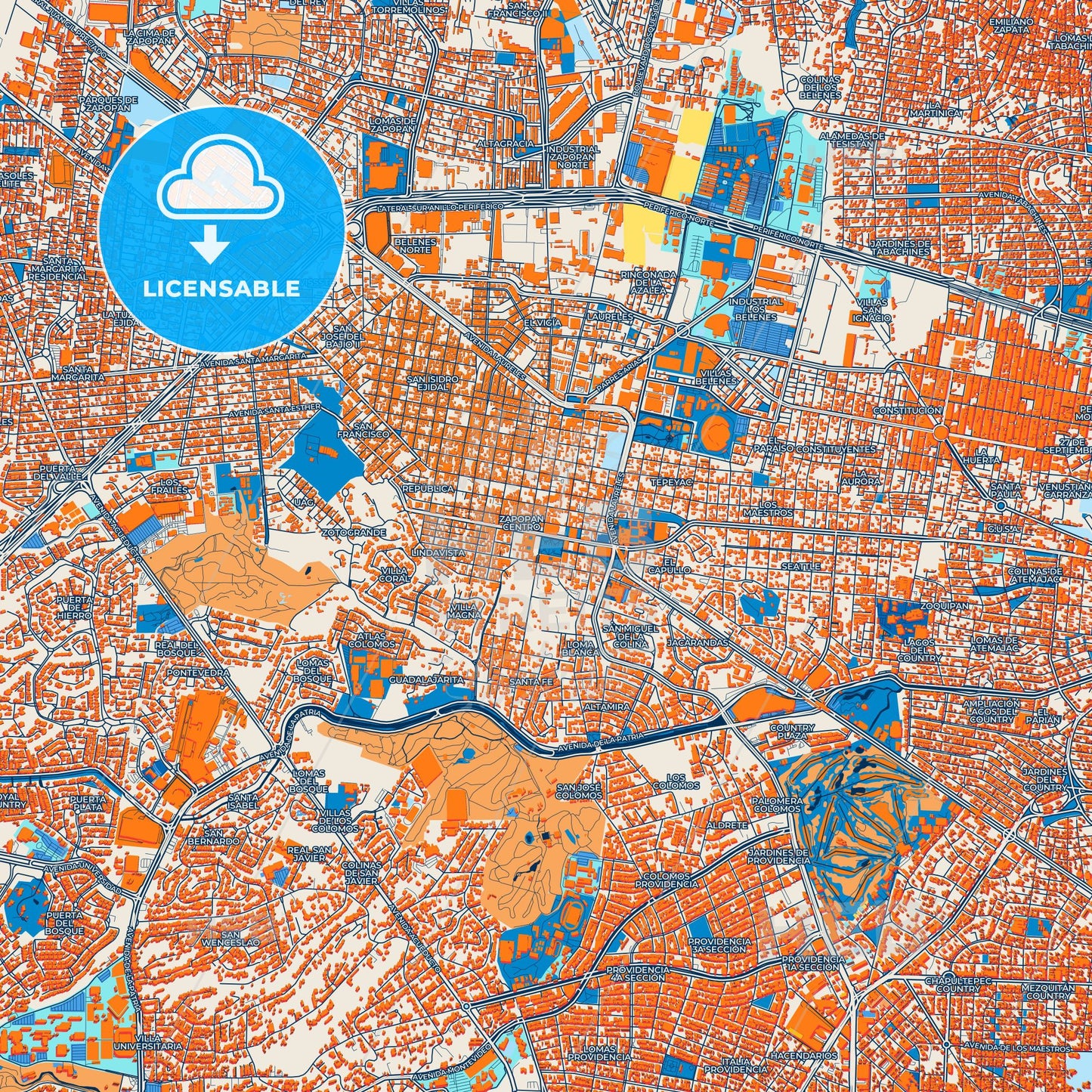 Colorful Zapopan Street Map with Labels and Buildings