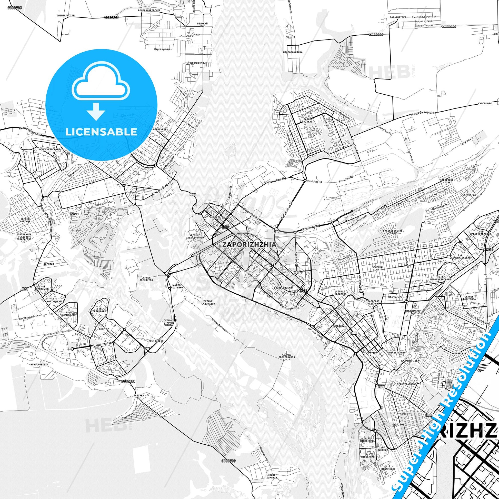 Zaporizhia, Ukraine light map with streetnames, citynames and districts