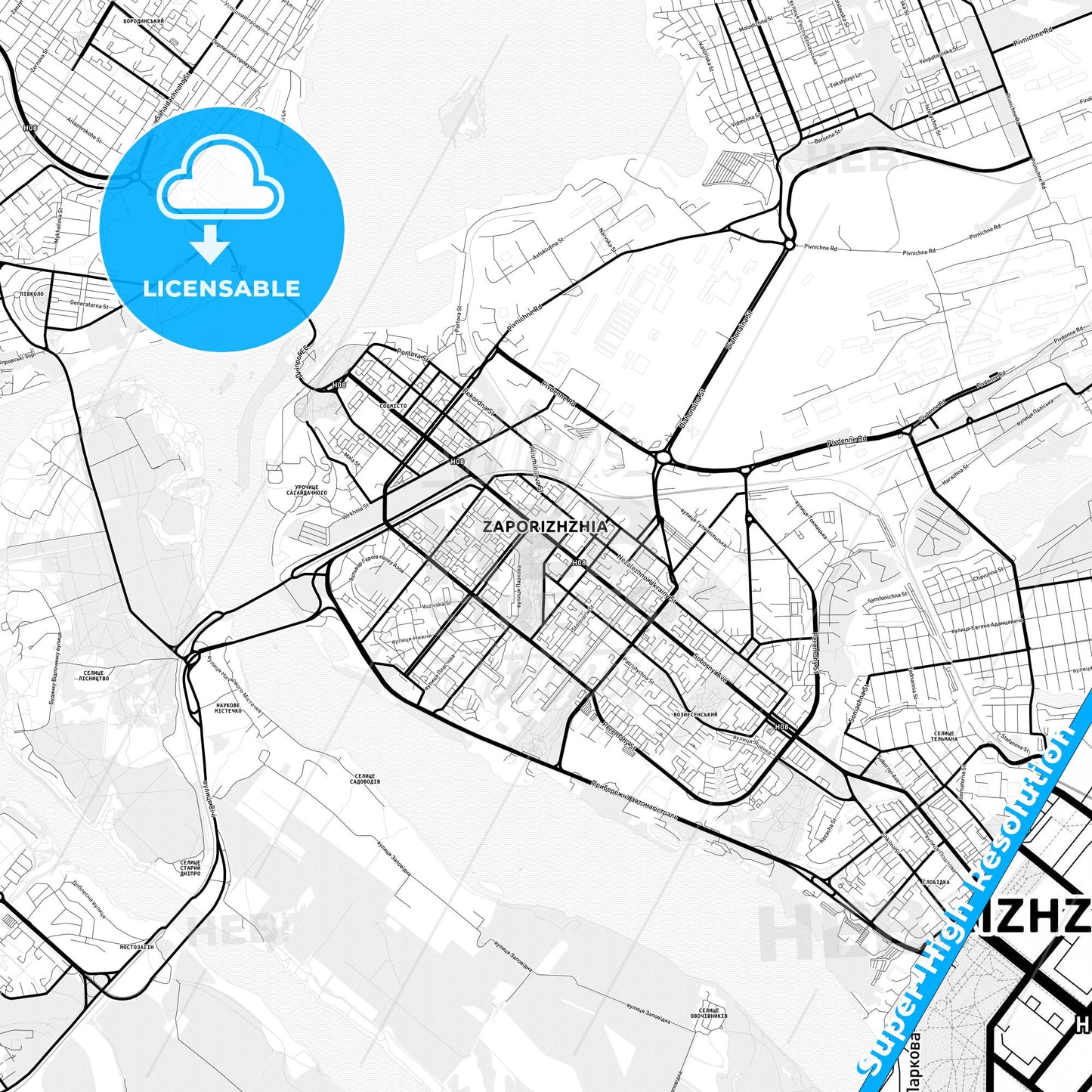 Zaporizhia, Ukraine Light Map with Street Names, City Names, and Districts