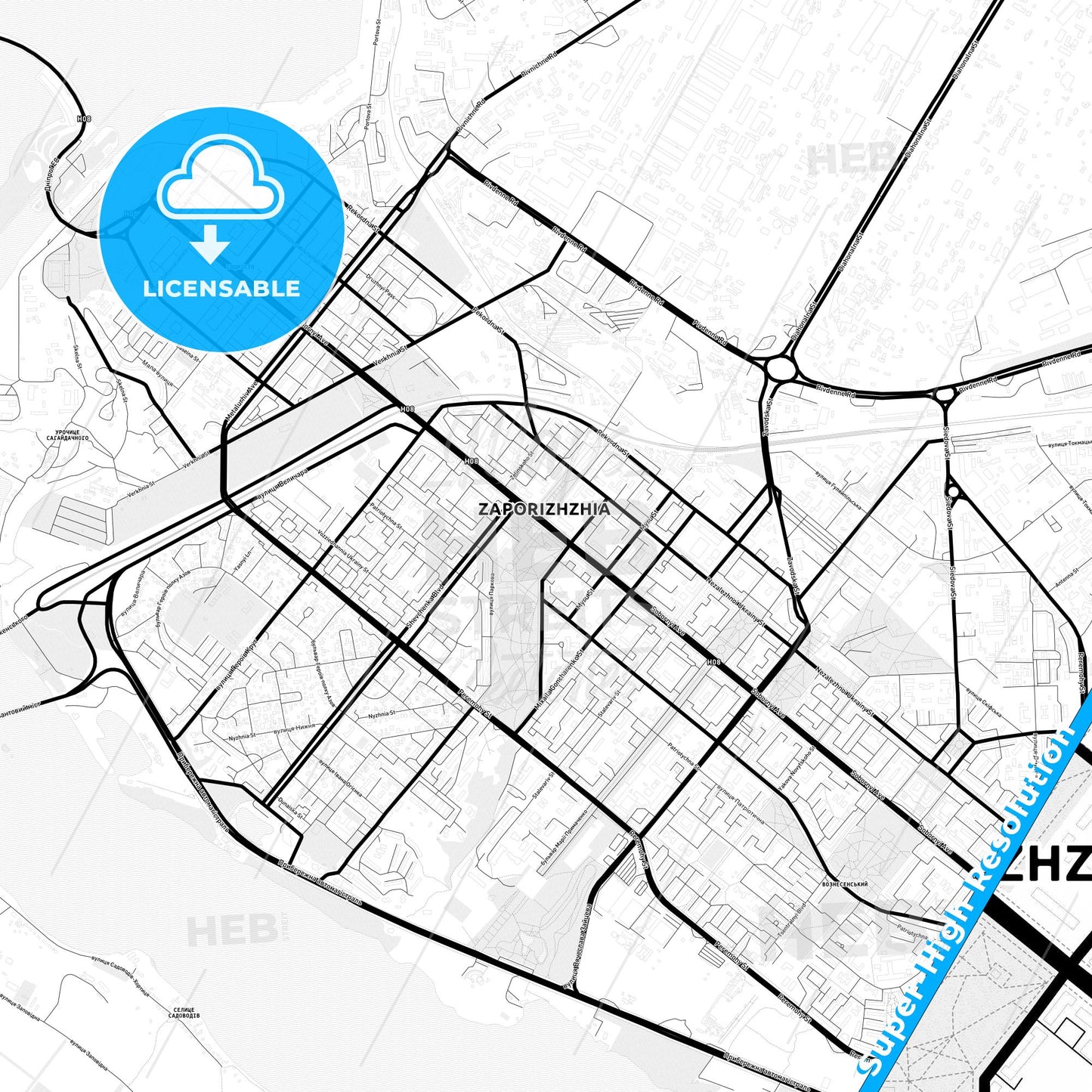 Zaporizhia, Ukraine Light Map with Street Names, City Names, and Districts
