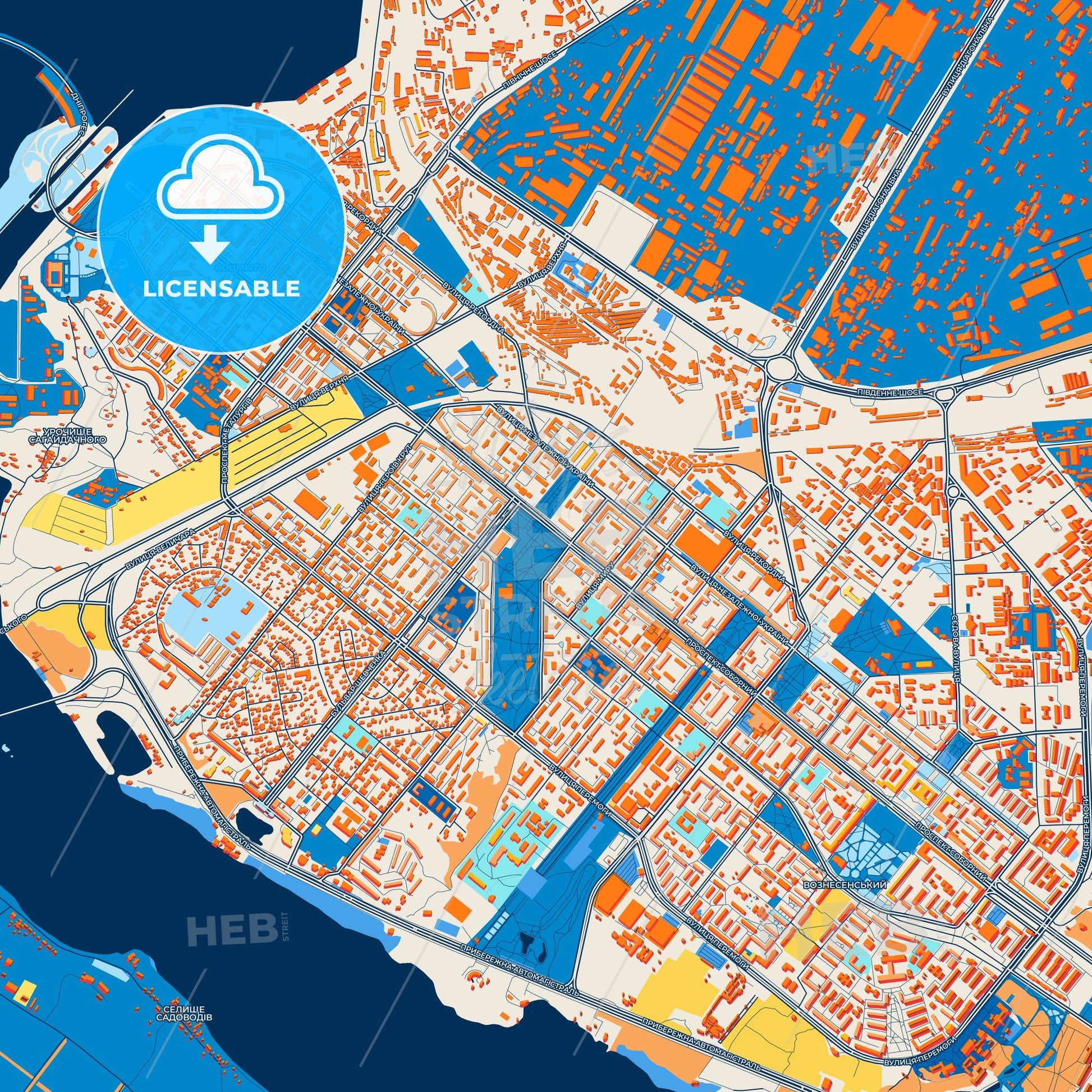 Colorful Zaporizhia Street Map with Labels and Buildings