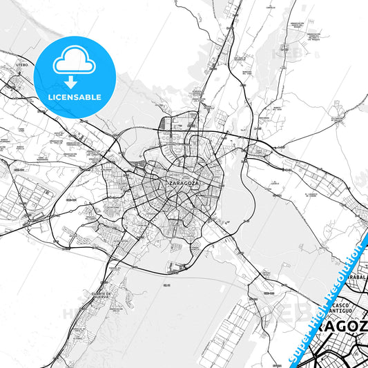 Zaragoza, Spain light map with streetnames, citynames and districts