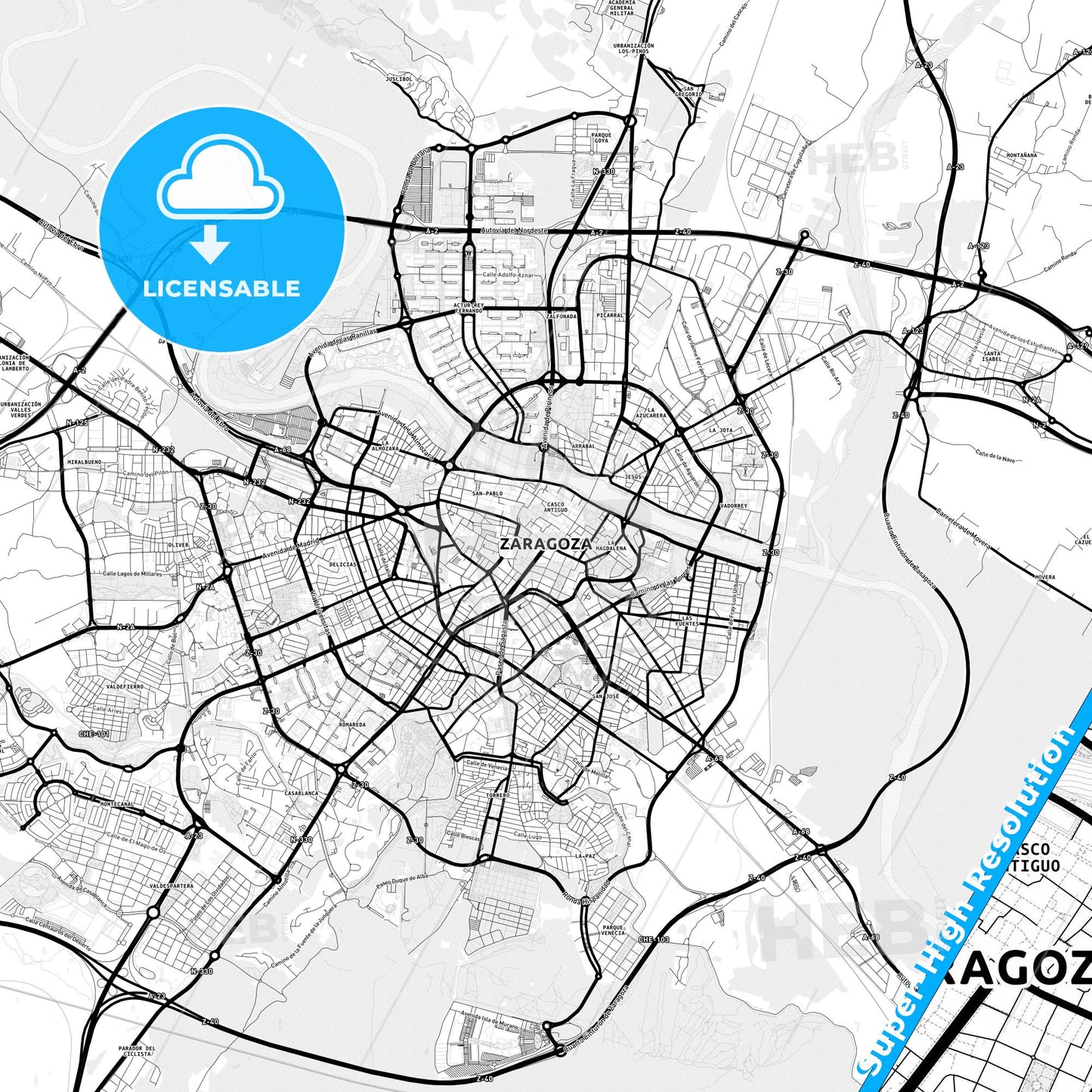 Zaragoza, Spain Light Map with Street Names, City Names, and Districts