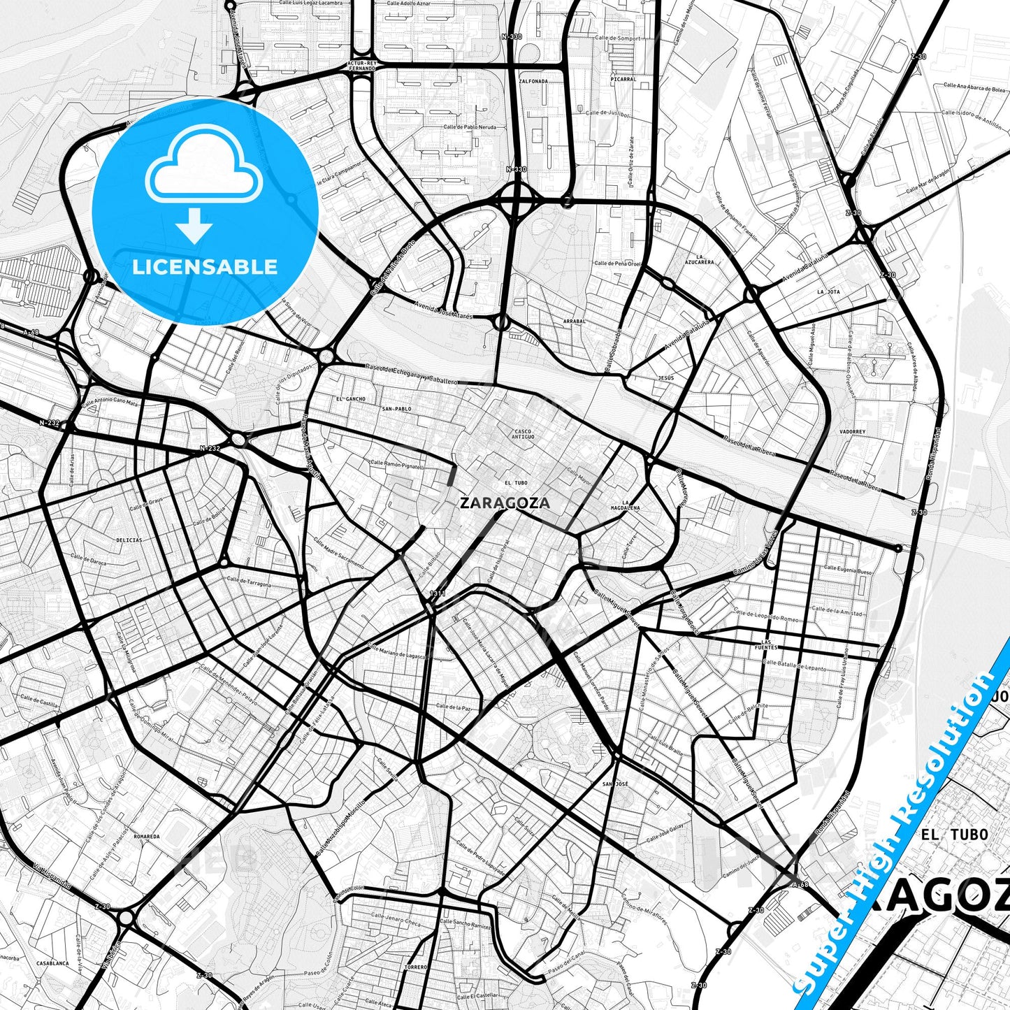Zaragoza, Spain Light Map with Street Names, City Names, and Districts