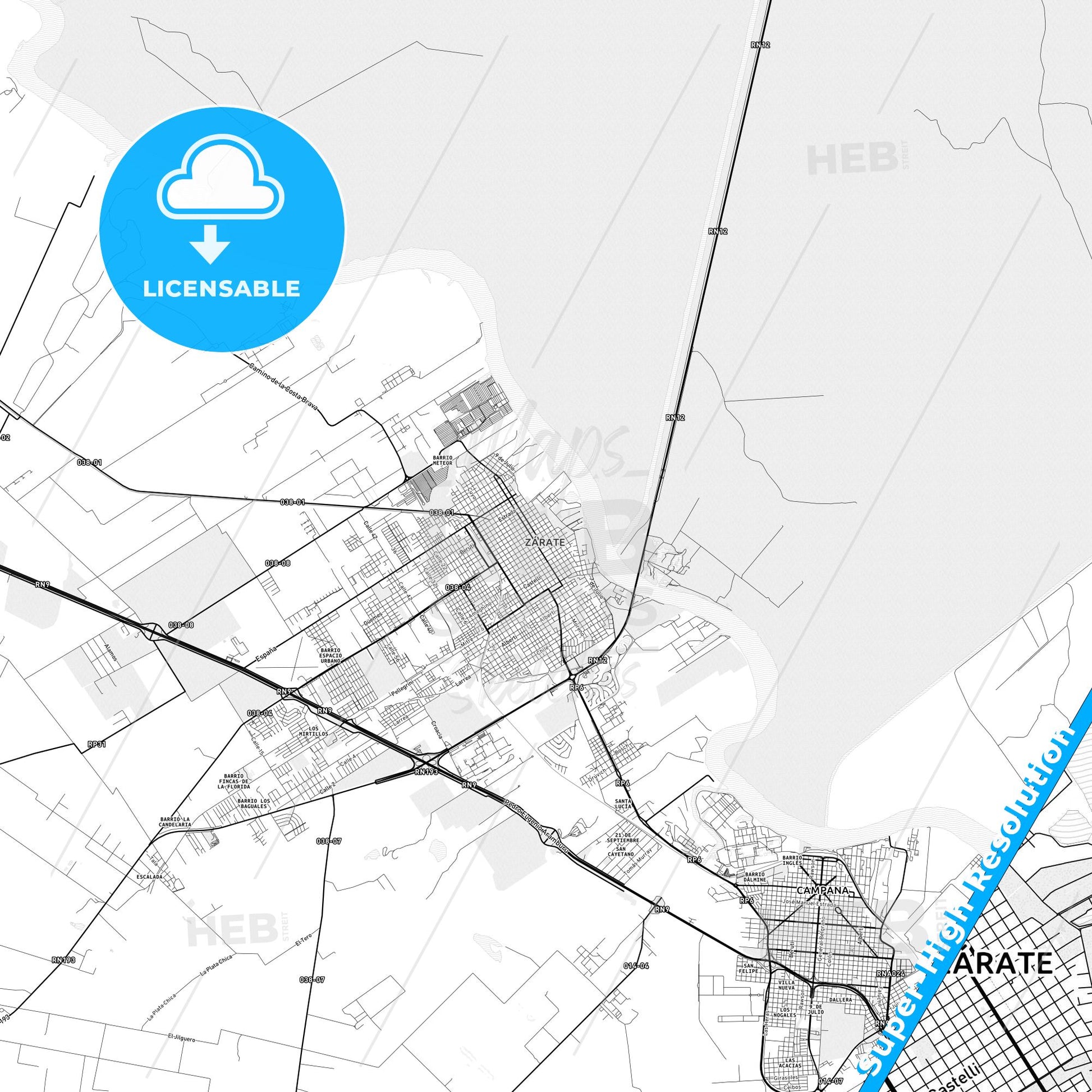 Zarate, Argentina light map with streetnames, citynames and districts