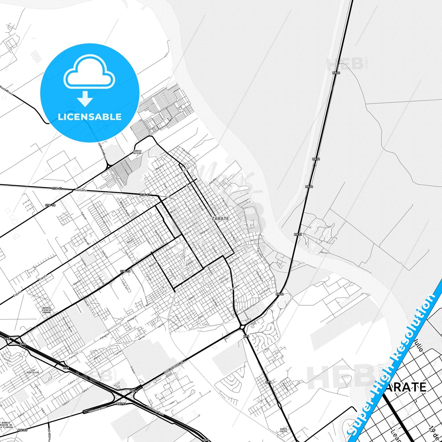 Zarate, Argentina Light Map with Street Names, City Names, and Districts