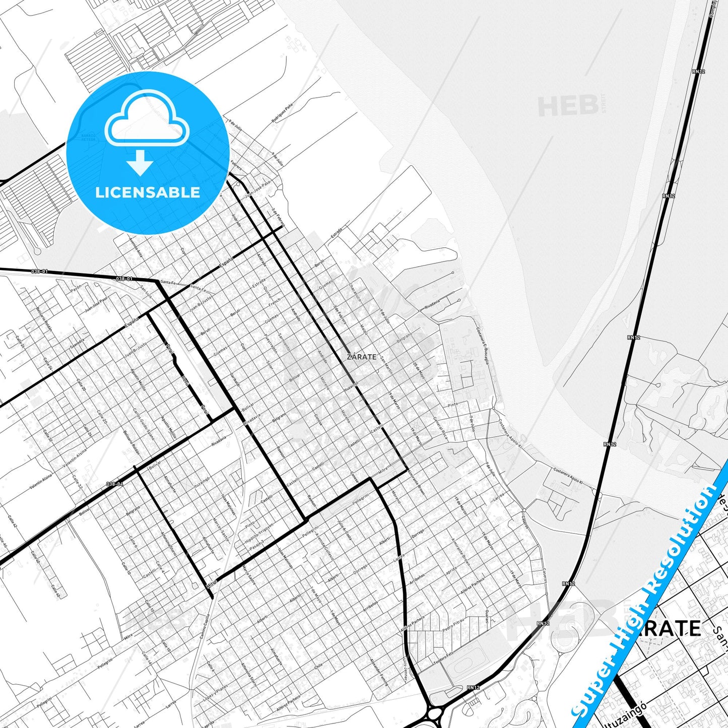 Zarate, Argentina Light Map with Street Names, City Names, and Districts