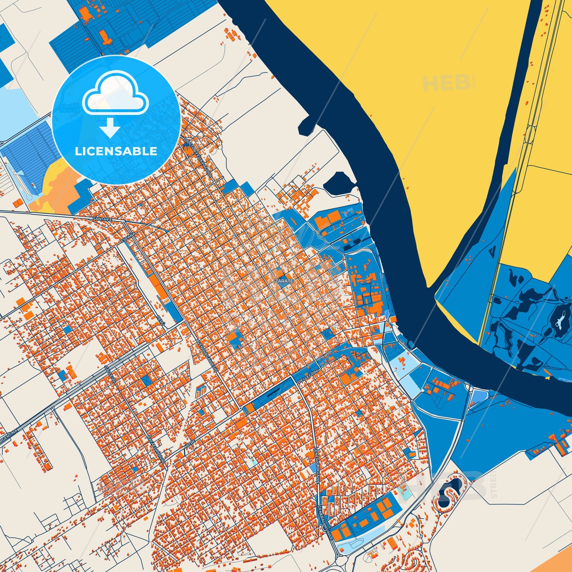 Colorful Zarate Street Map with Labels and Buildings