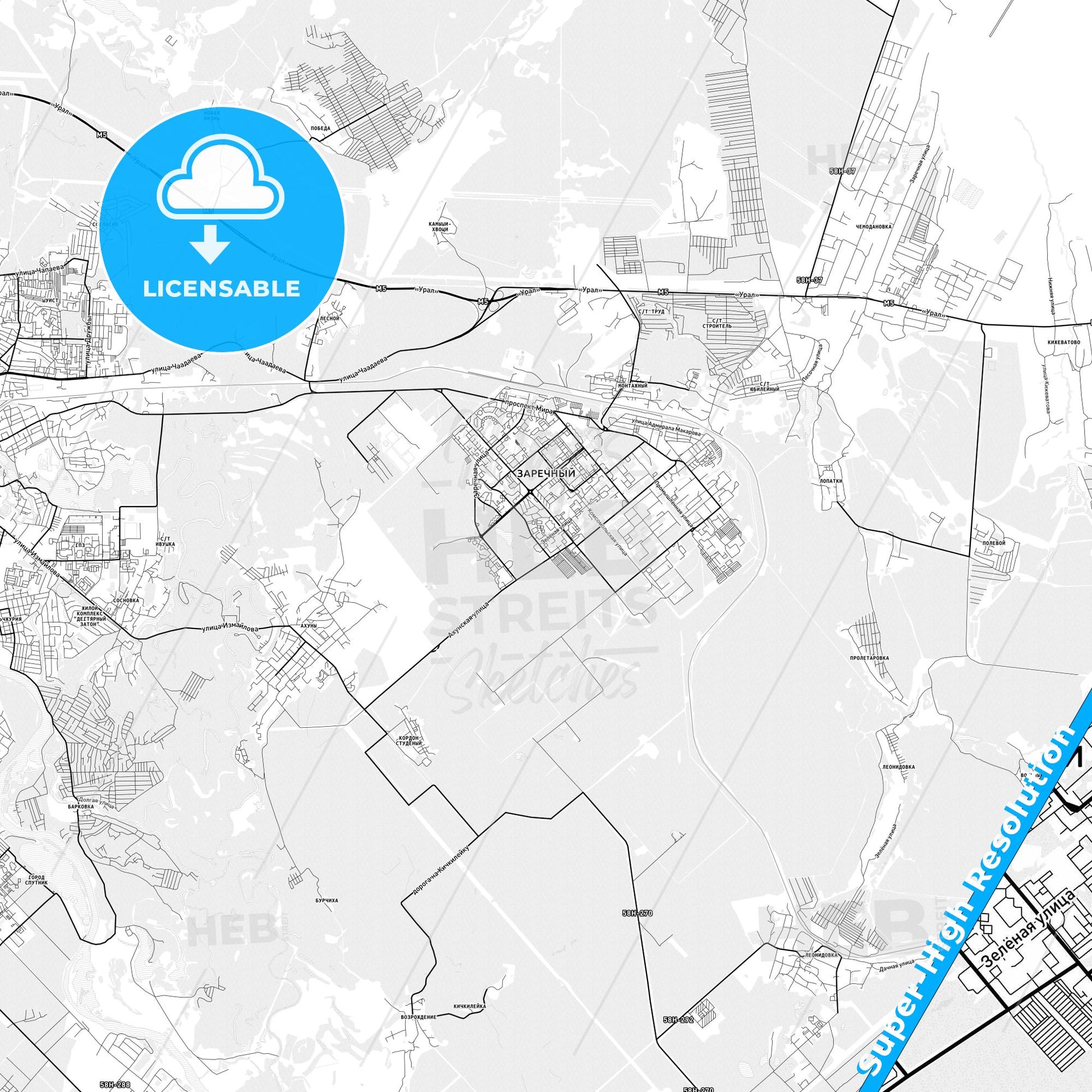 Zarechny, Russia light map with streetnames, citynames and districts