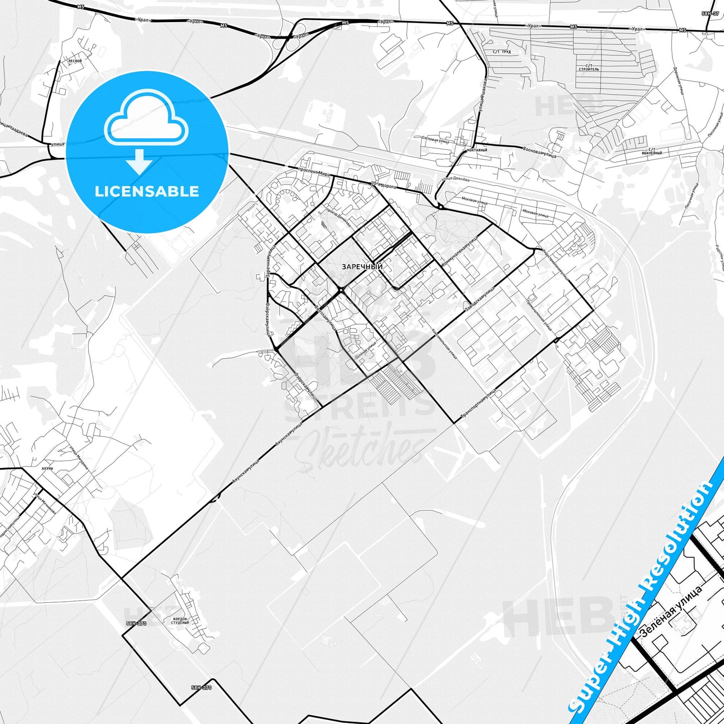 Zarechny, Russia Light Map with Street Names, City Names, and Districts