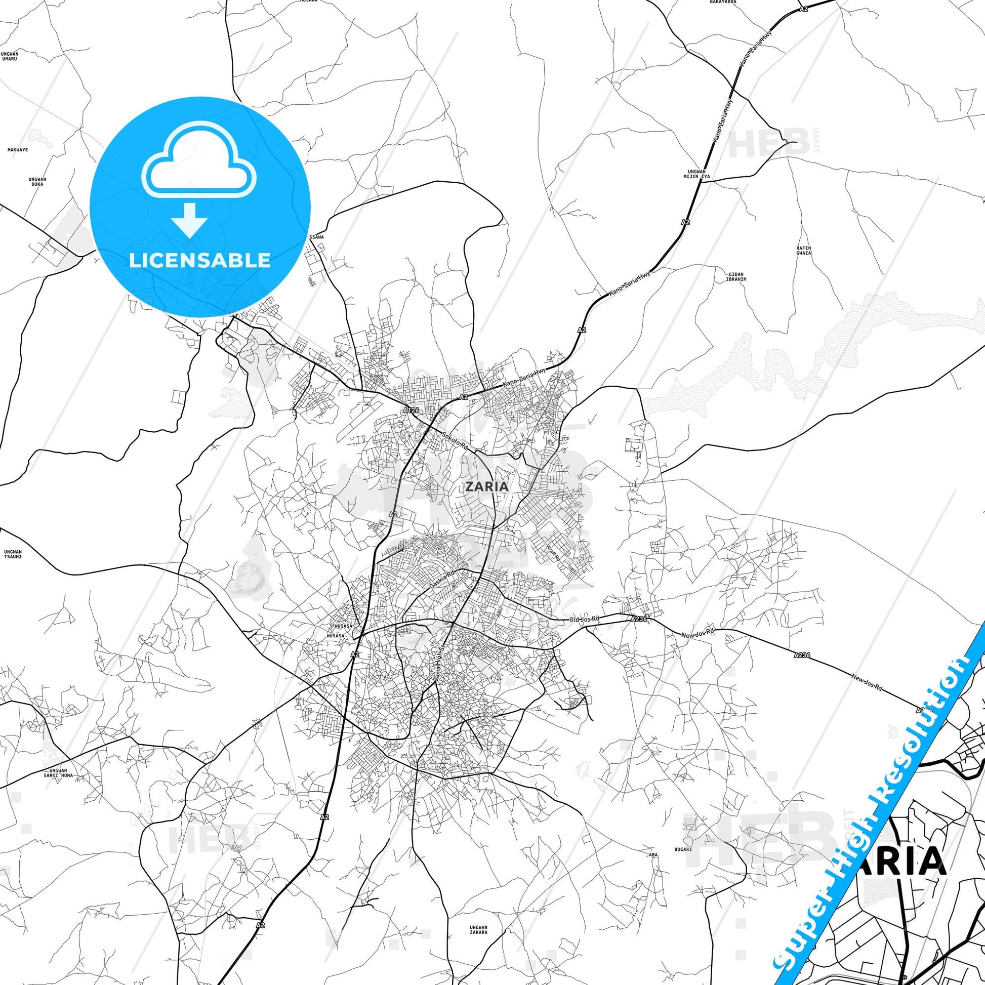 Zaria, Nigeria light map with streetnames, citynames and districts