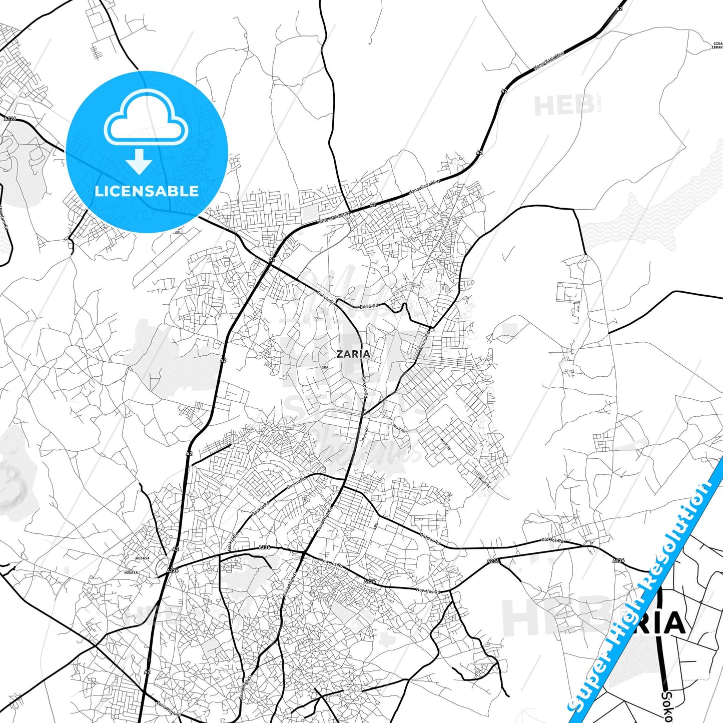 Zaria, Nigeria Light Map with Street Names, City Names, and Districts