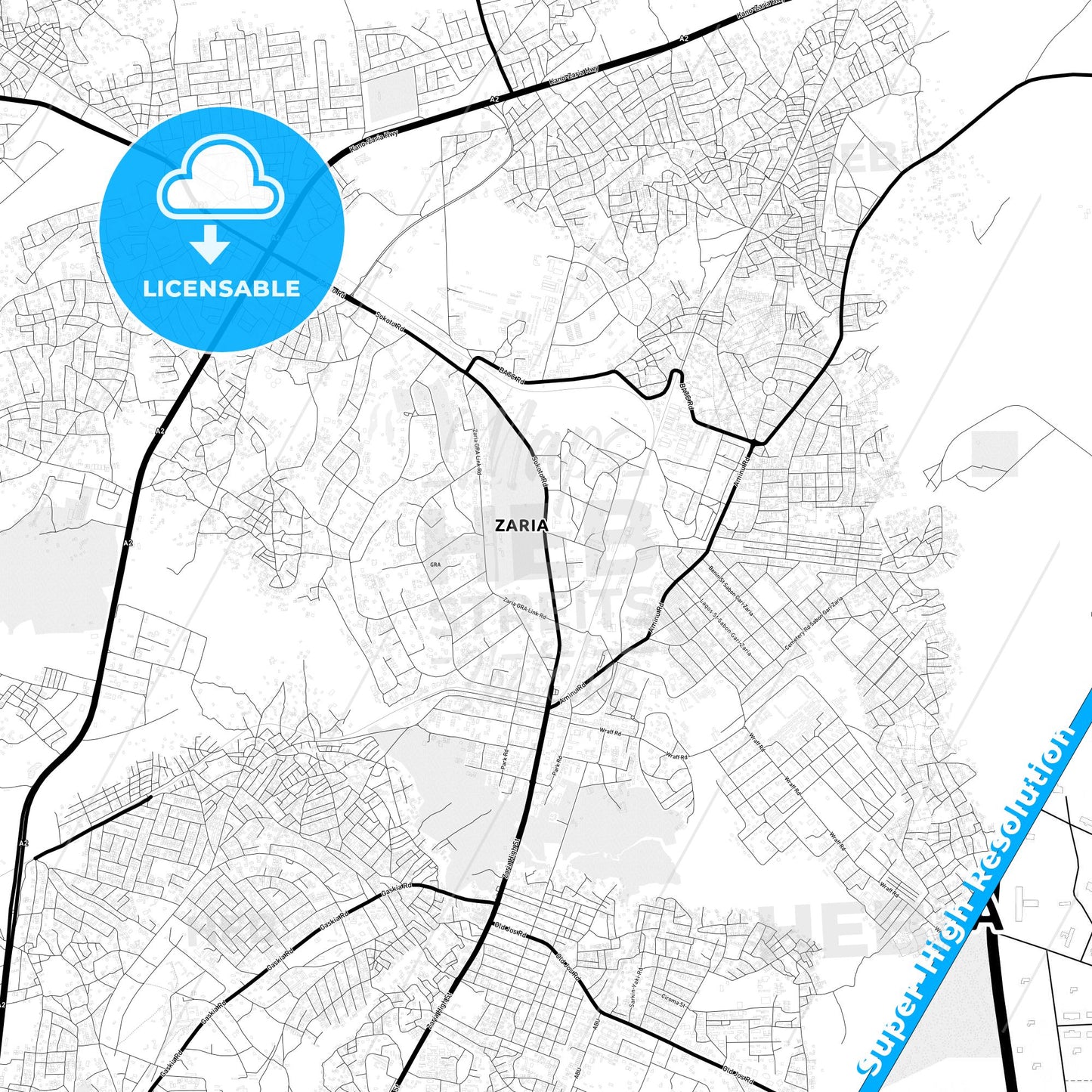 Zaria, Nigeria Light Map with Street Names, City Names, and Districts