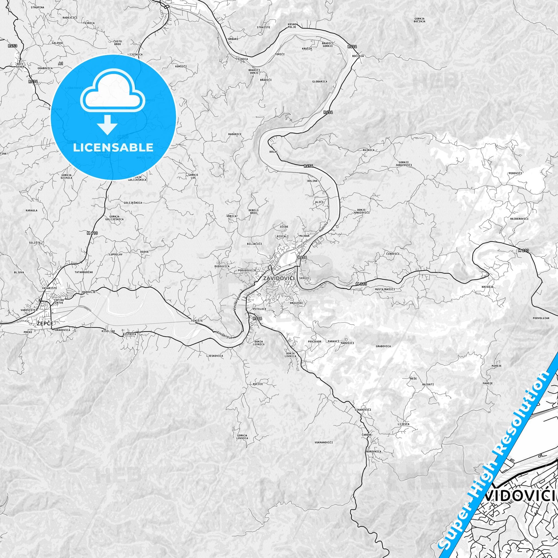 Zavidovići, Bosnia and Herzegovina light map with streetnames, citynames and districts
