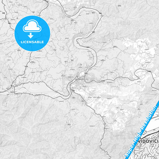 Zavidovići, Bosnia and Herzegovina light map with streetnames, citynames and districts