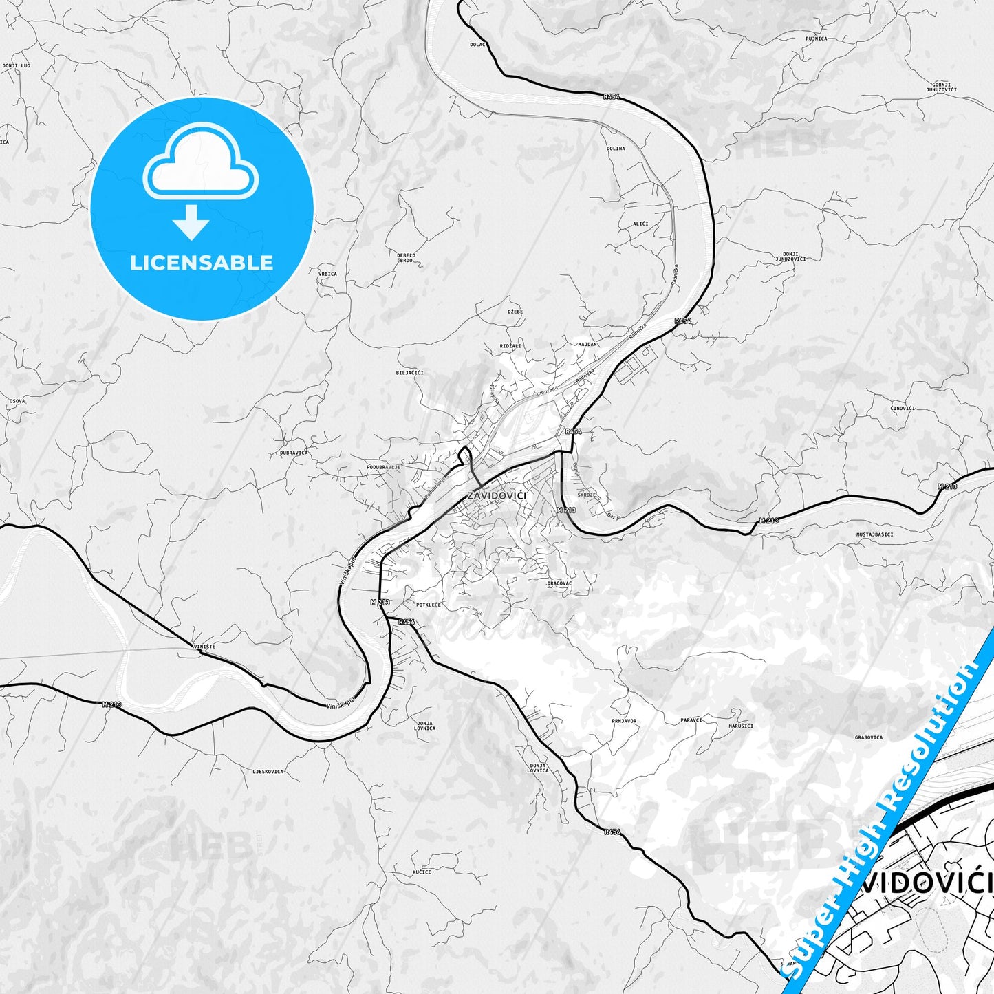 Zavidovići, Bosnia and Herzegovina Light Map with Street Names, City Names, and Districts