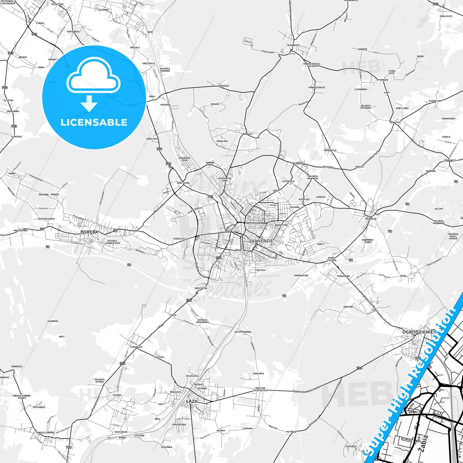 Zawiercie, Poland light map with streetnames, citynames and districts