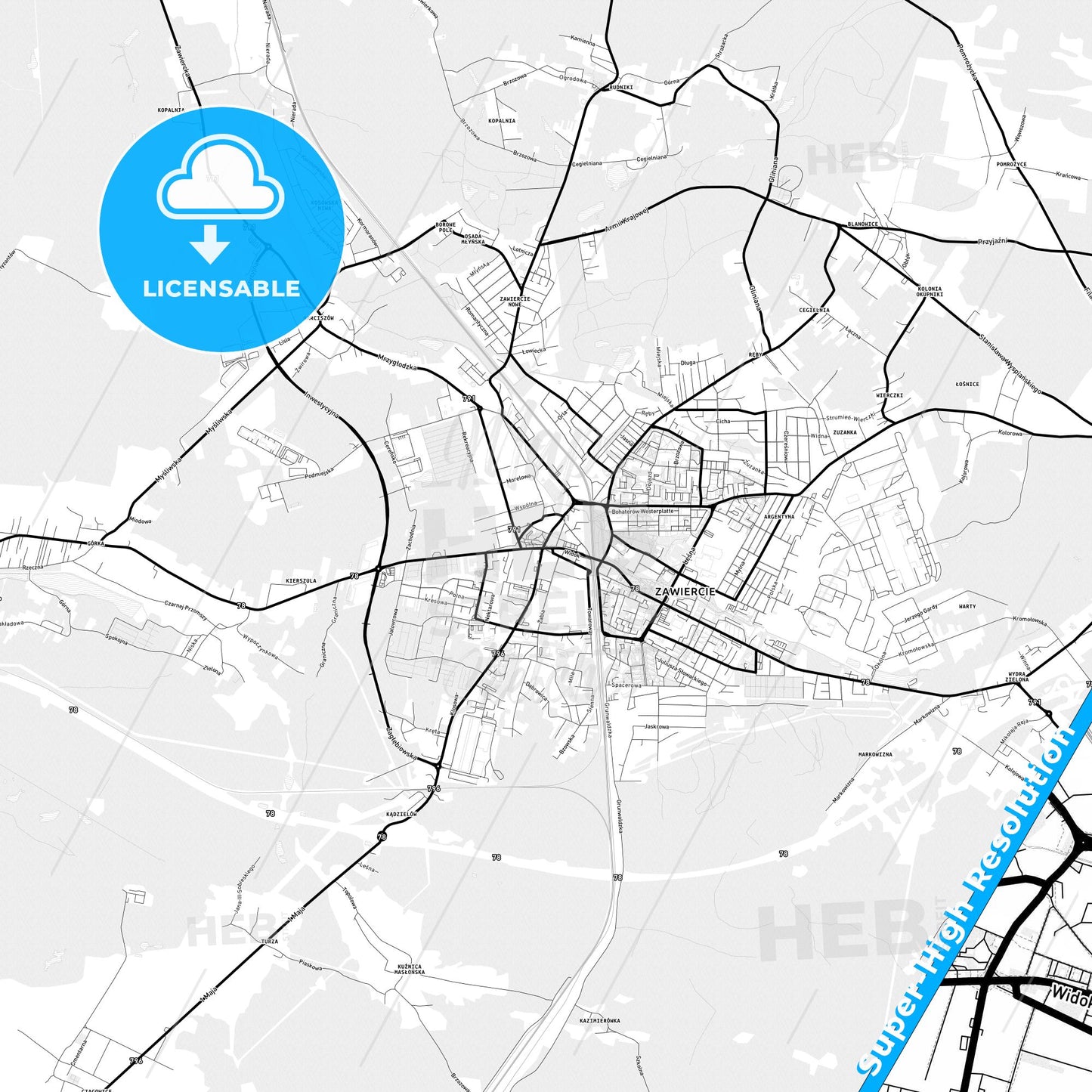 Zawiercie, Poland Light Map with Street Names, City Names, and Districts