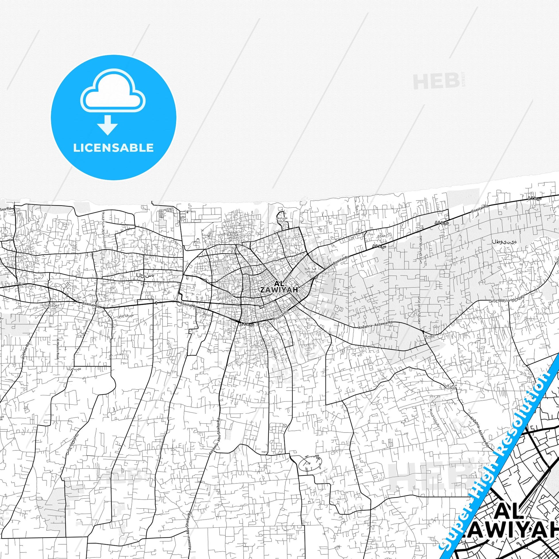 Zawiya, Libya light map with streetnames, citynames and districts