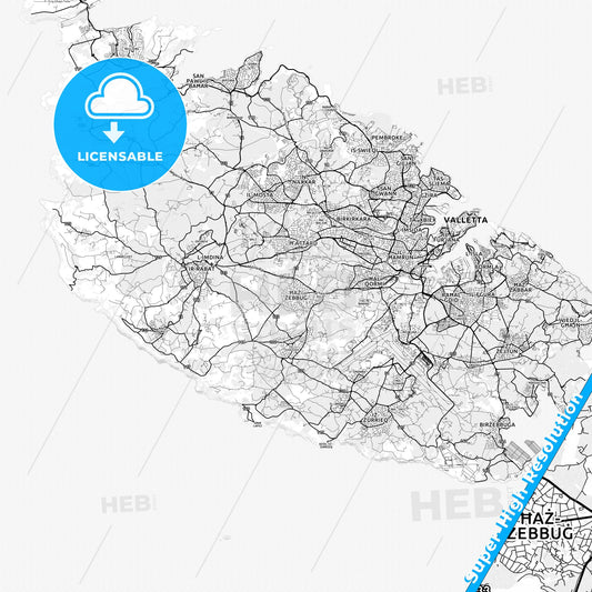 Żebbuġ, Malta light map with streetnames, citynames and districts