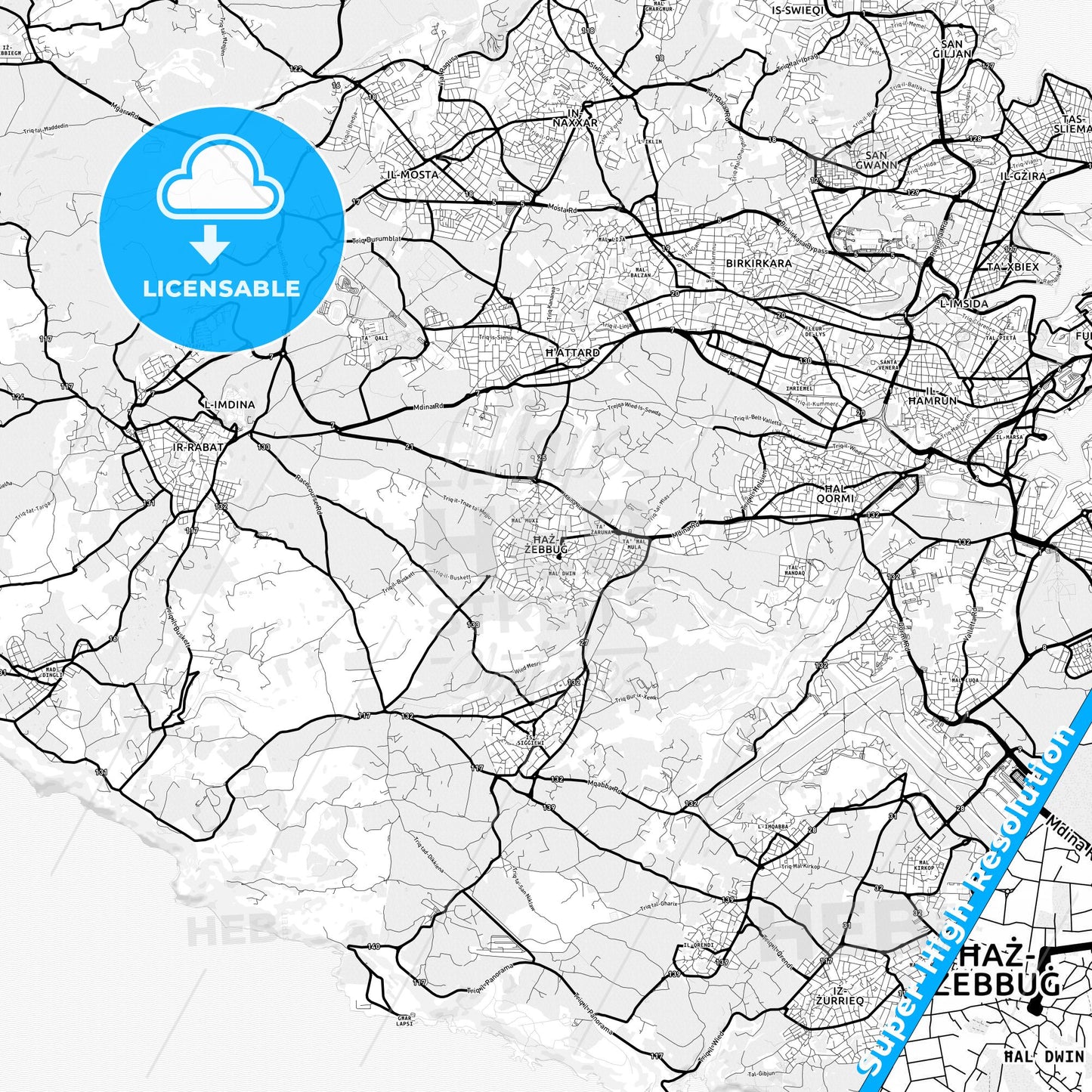 Żebbuġ, Malta Light Map with Street Names, City Names, and Districts
