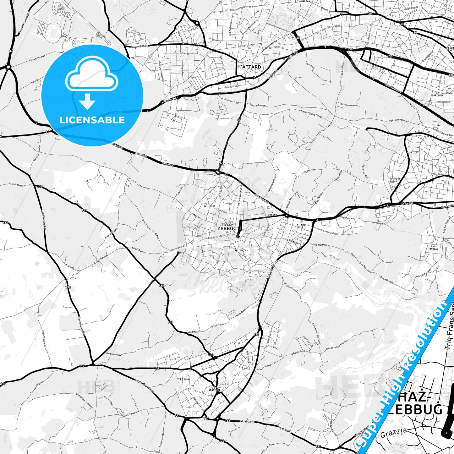 Żebbuġ, Malta Light Map with Street Names, City Names, and Districts