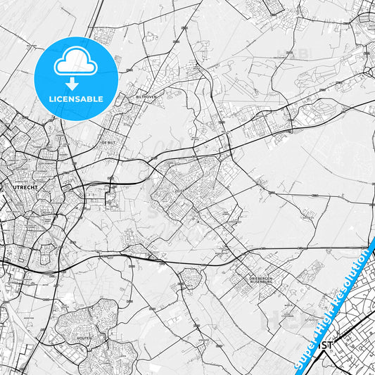 Zeist, Netherlands light map with streetnames, citynames and districts