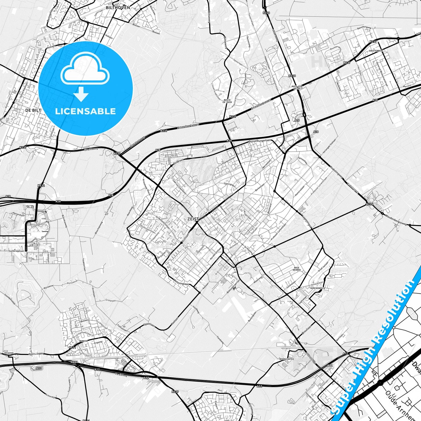 Zeist, Netherlands Light Map with Street Names, City Names, and Districts
