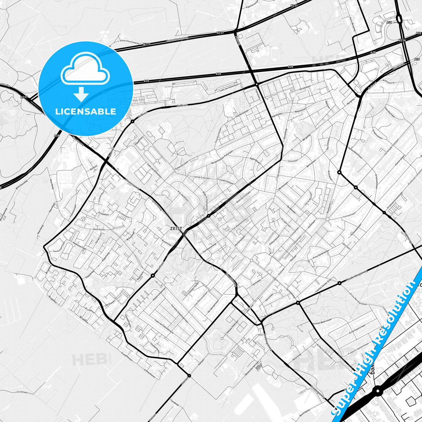 Zeist, Netherlands Light Map with Street Names, City Names, and Districts