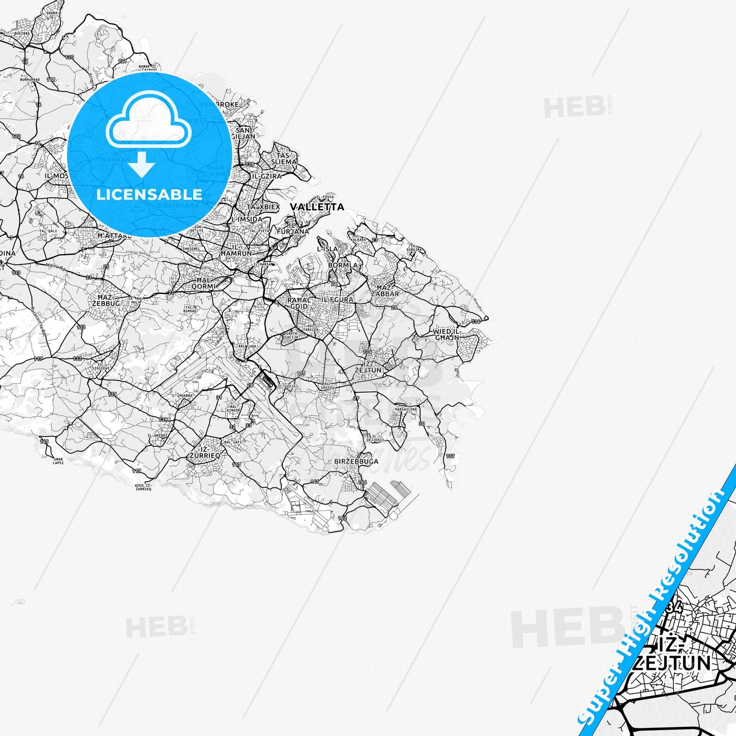 Żejtun, Malta light map with streetnames, citynames and districts