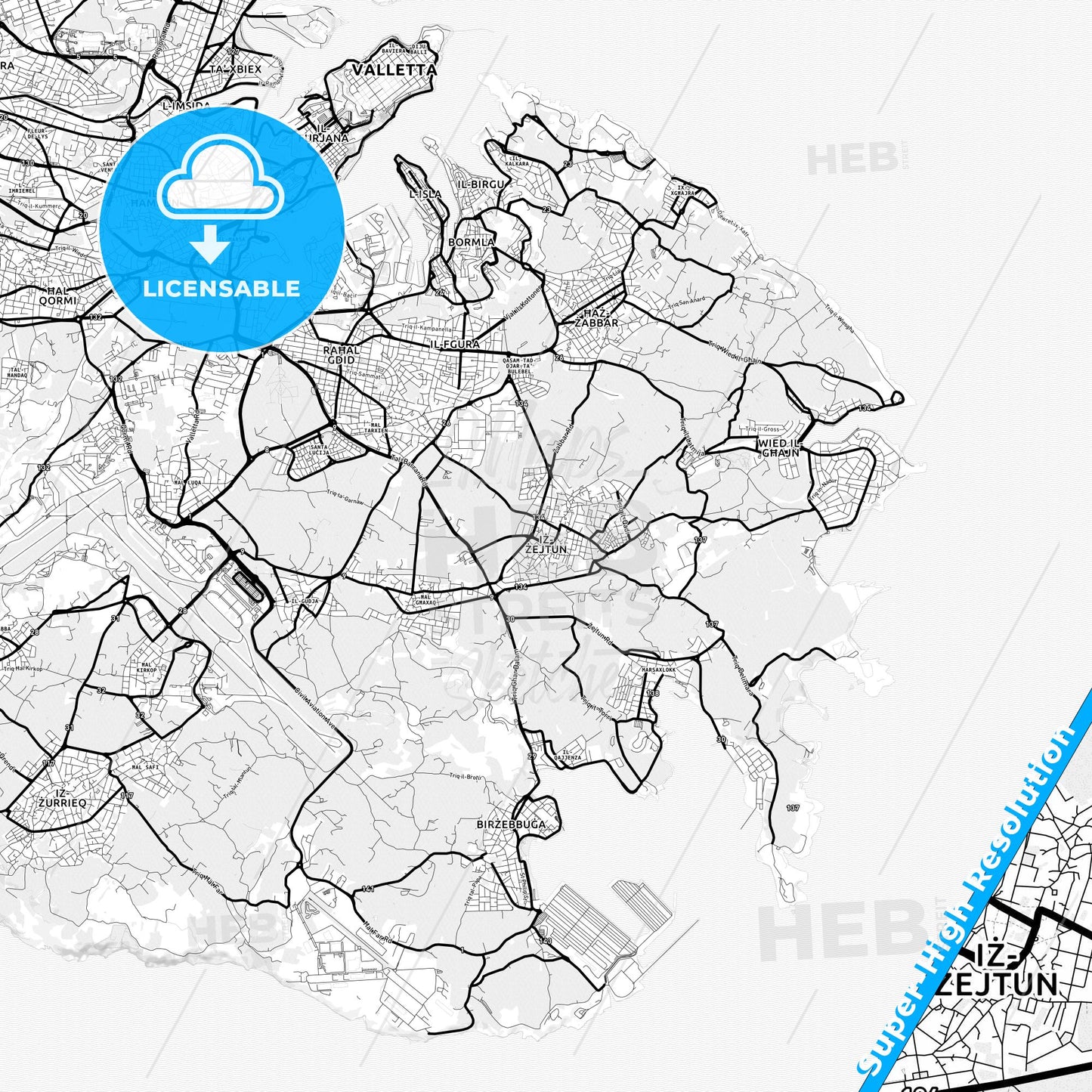 Żejtun, Malta Light Map with Street Names, City Names, and Districts