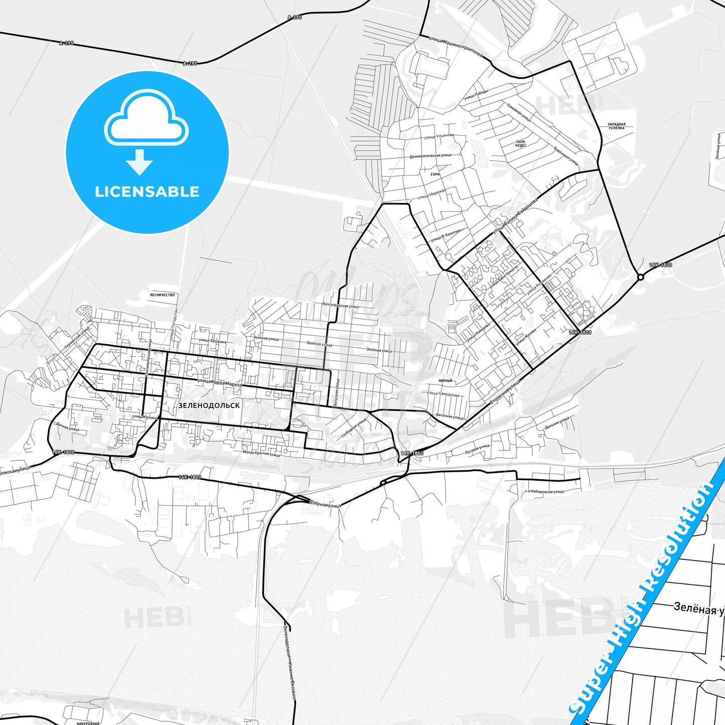 Zelenodolsk, Russia Light Map with Street Names, City Names, and Districts