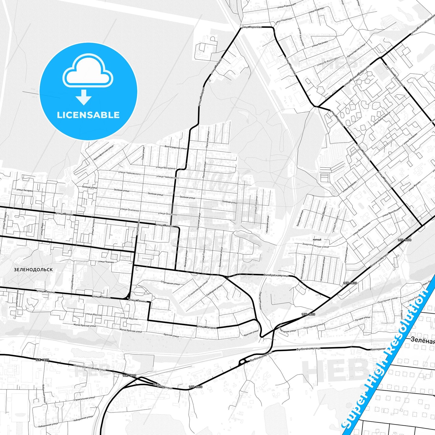 Zelenodolsk, Russia Light Map with Street Names, City Names, and Districts