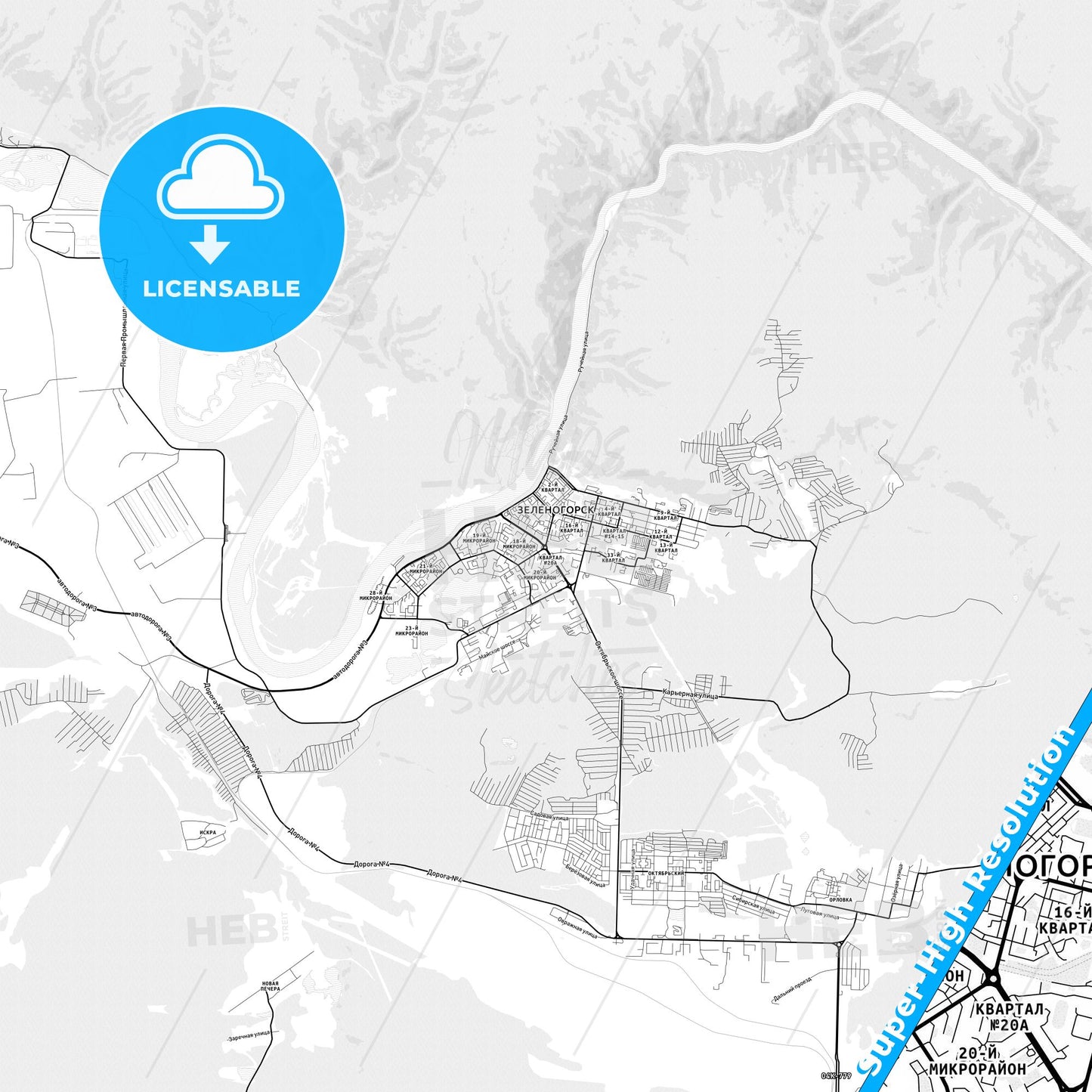 Zelenogorsk, Russia light map with streetnames, citynames and districts