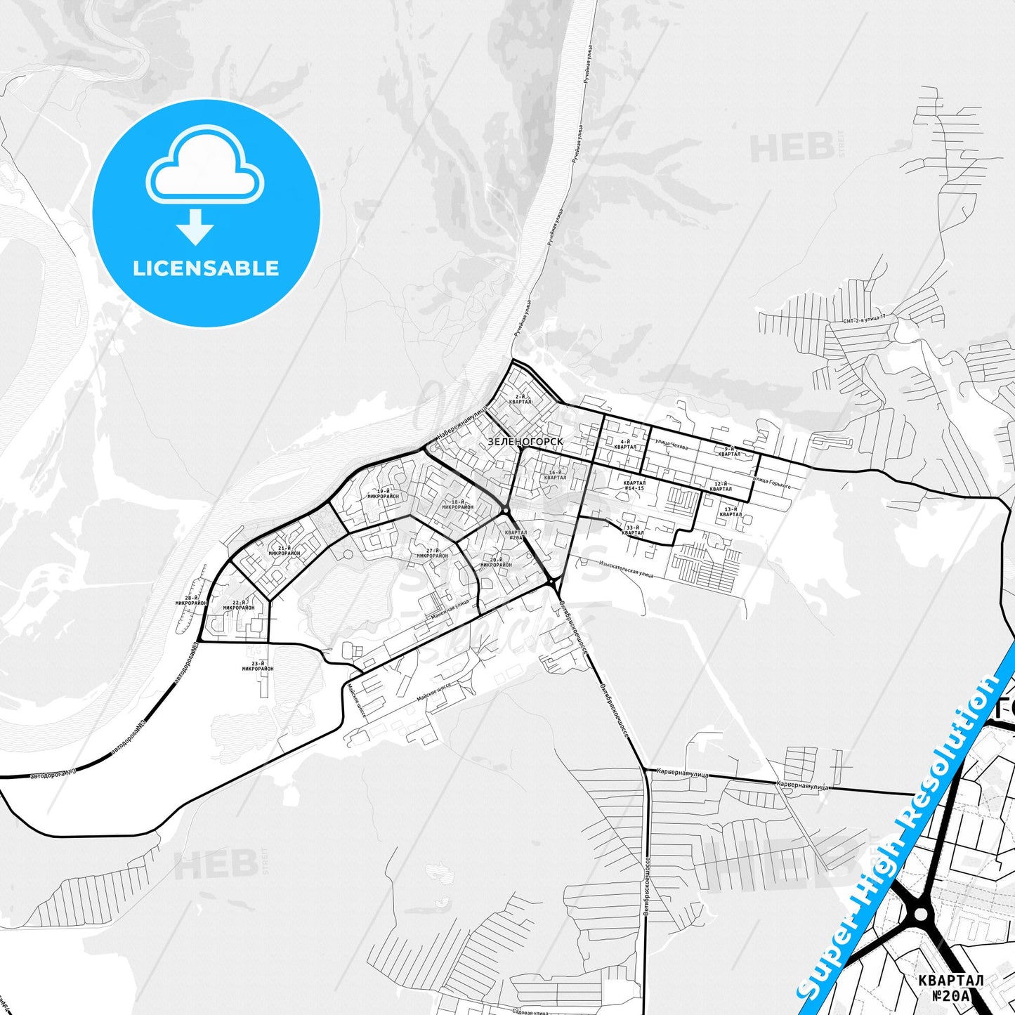 Zelenogorsk, Russia Light Map with Street Names, City Names, and Districts