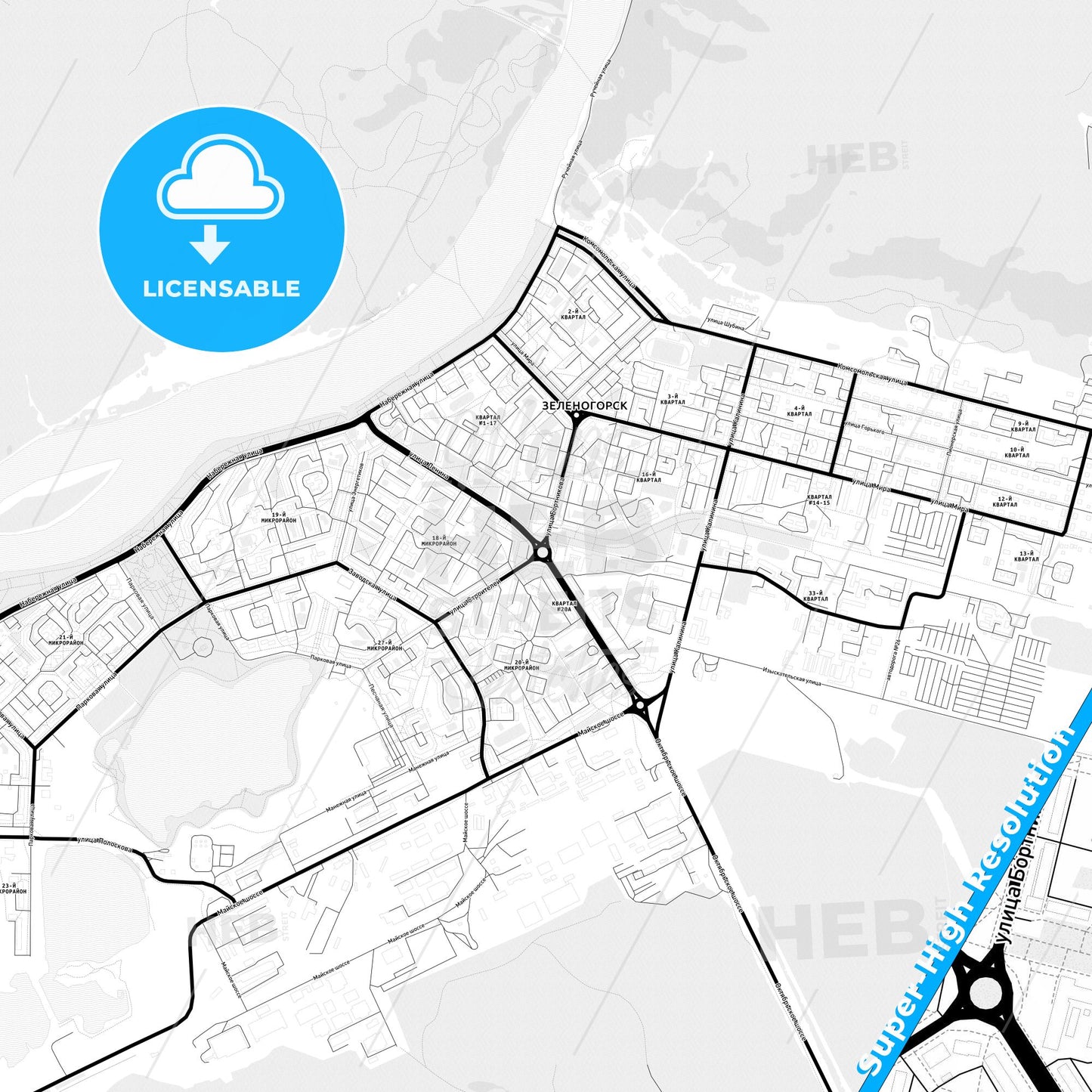 Zelenogorsk, Russia Light Map with Street Names, City Names, and Districts