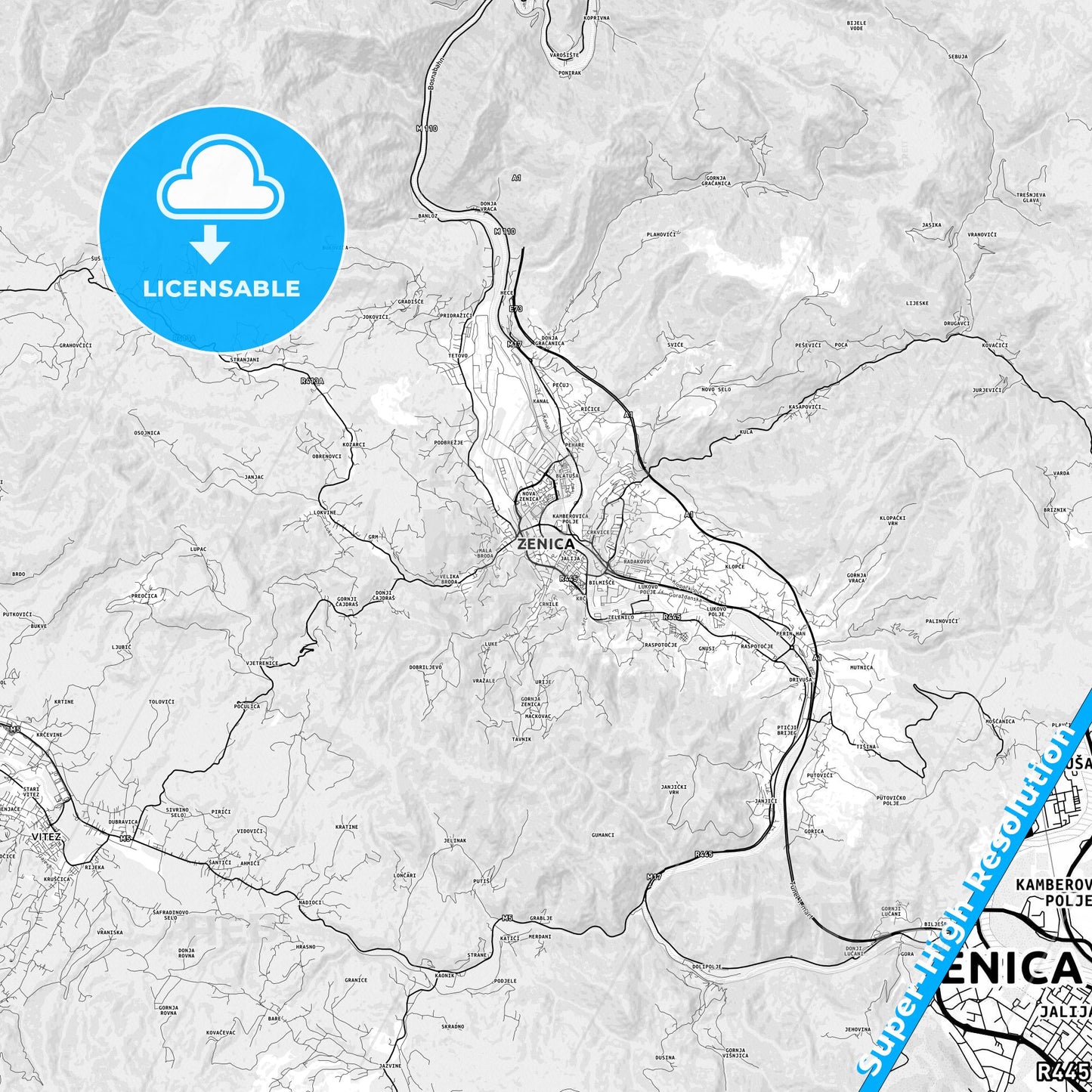 Zenica, Bosnia and Herzegovina light map with streetnames, citynames and districts
