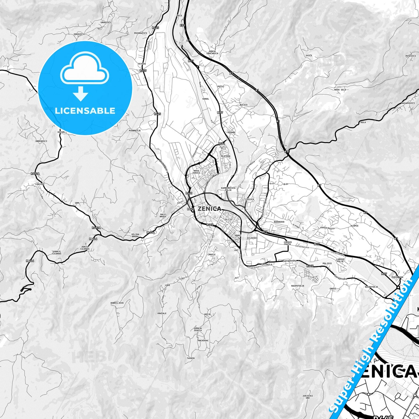 Zenica, Bosnia and Herzegovina Light Map with Street Names, City Names, and Districts