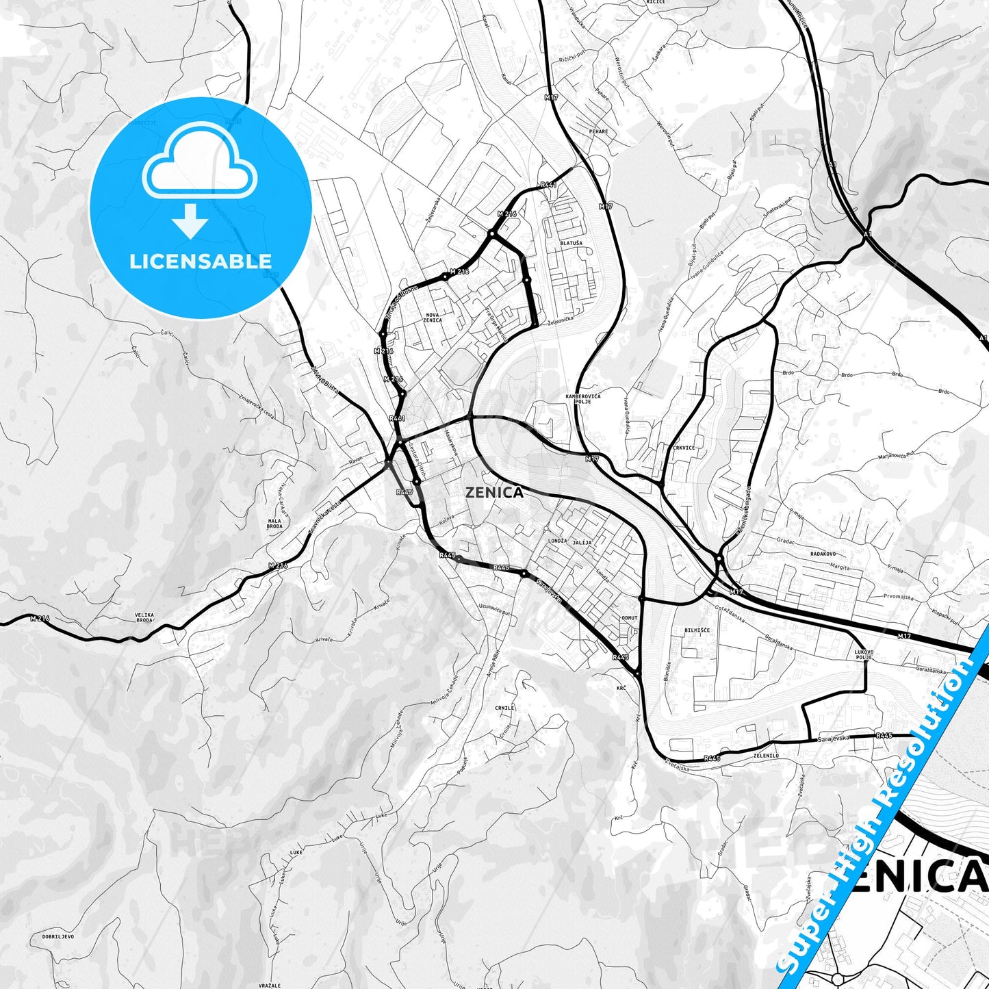 Zenica, Bosnia and Herzegovina Light Map with Street Names, City Names, and Districts
