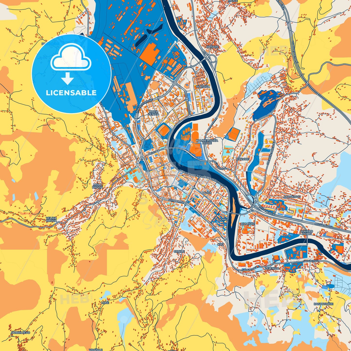 Colorful Zenica Street Map with Labels and Buildings