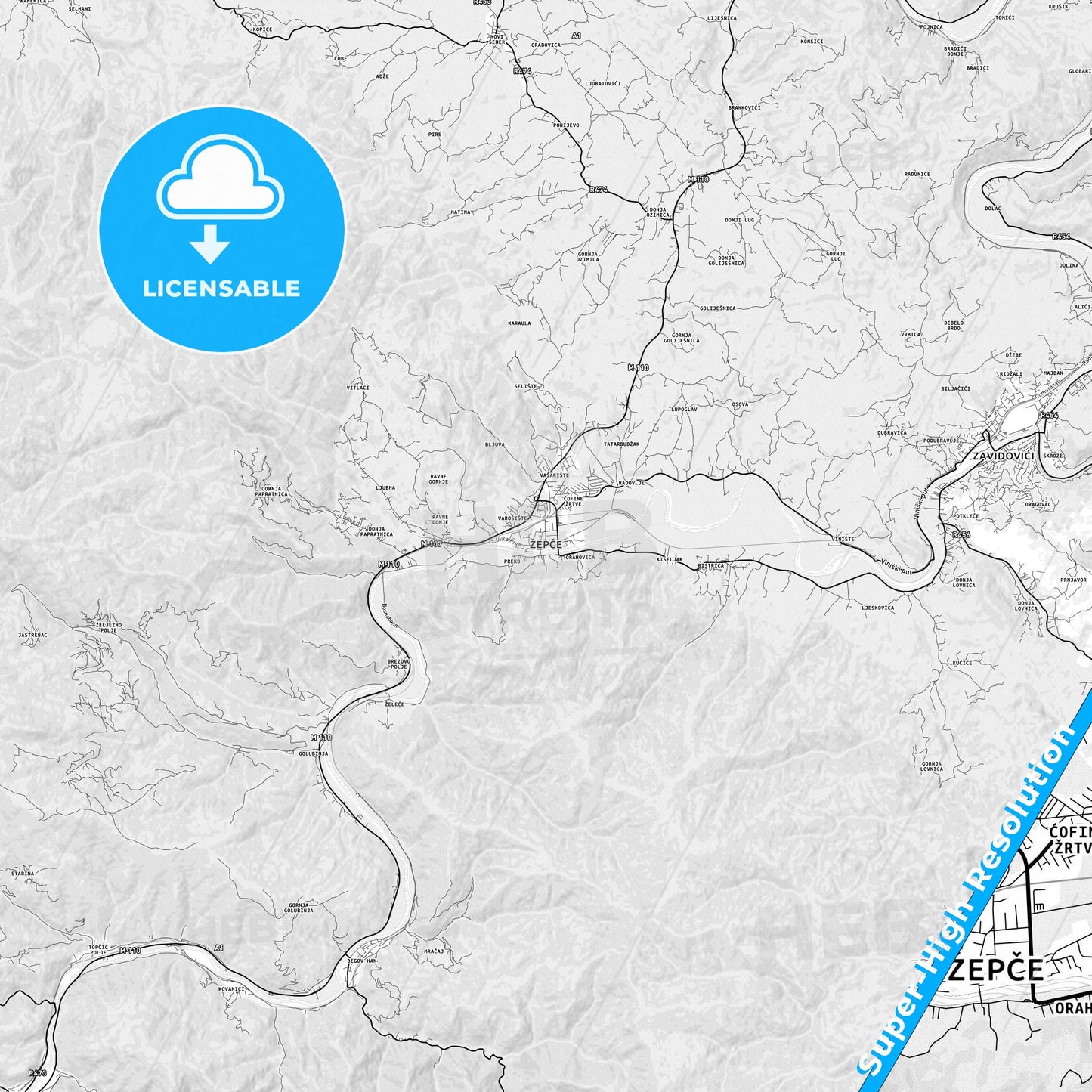 Žepče, Bosnia and Herzegovina light map with streetnames, citynames and districts
