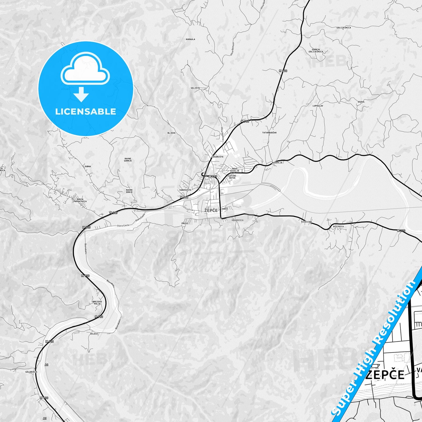 Žepče, Bosnia and Herzegovina Light Map with Street Names, City Names, and Districts