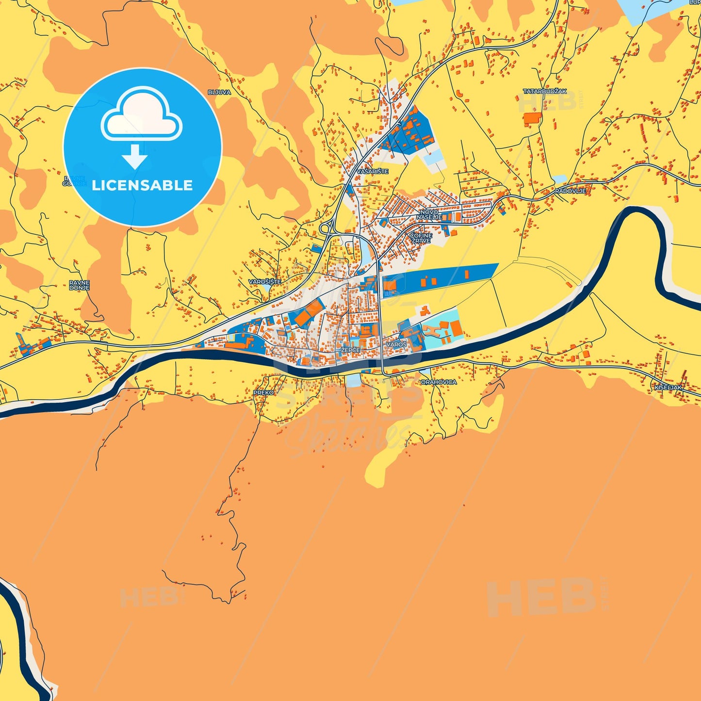 Colorful Žepče Street Map with Labels and Buildings