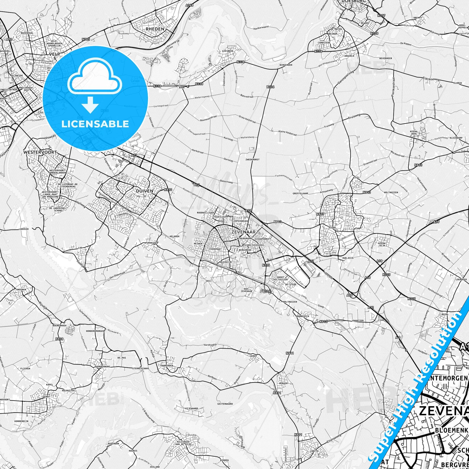 Zevenaar, Netherlands light map with streetnames, citynames and districts