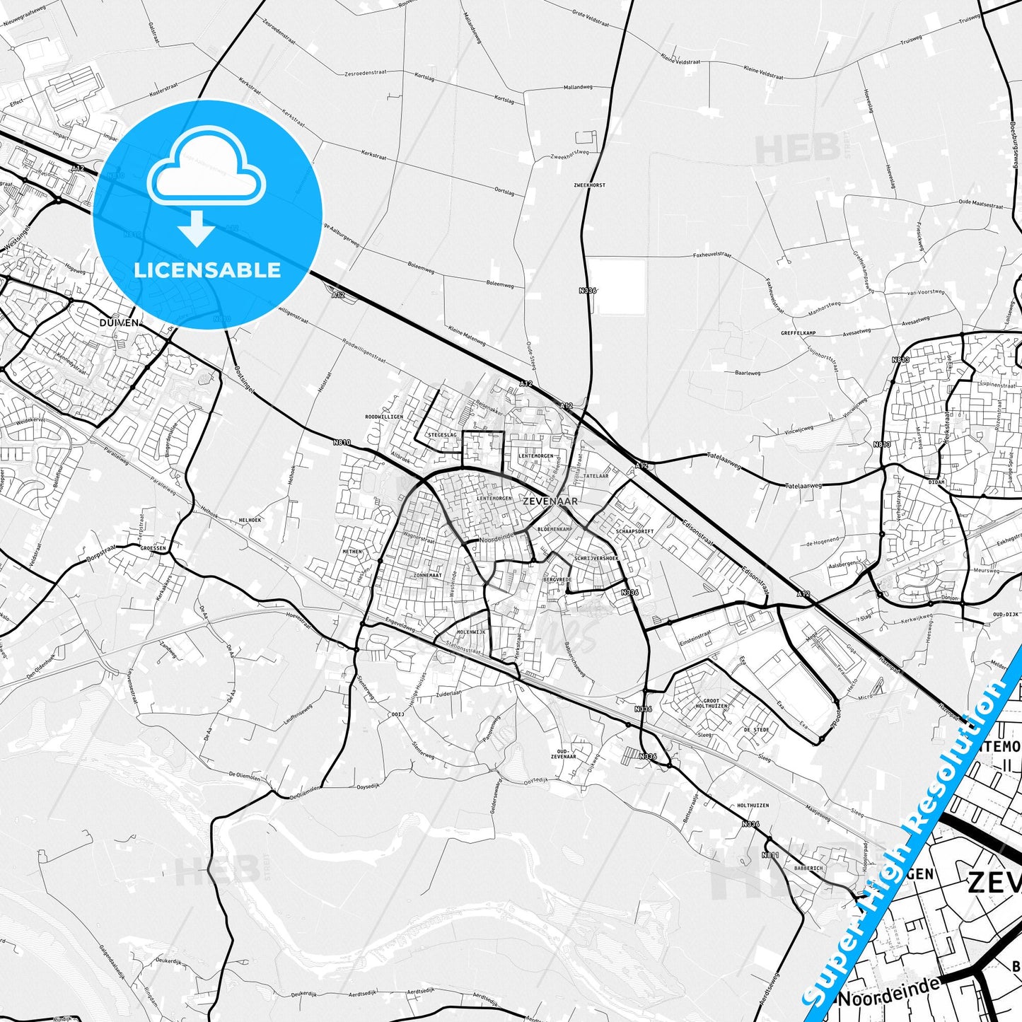 Zevenaar, Netherlands Light Map with Street Names, City Names, and Districts