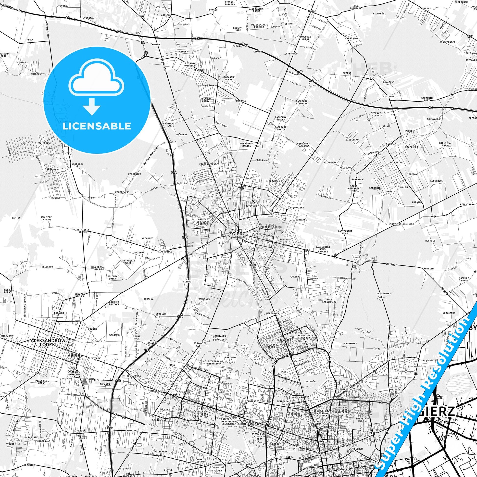 Zgierz, Poland light map with streetnames, citynames and districts