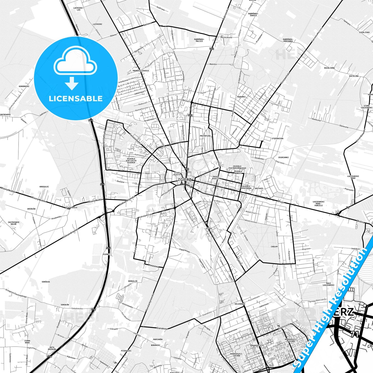 Zgierz, Poland Light Map with Street Names, City Names, and Districts