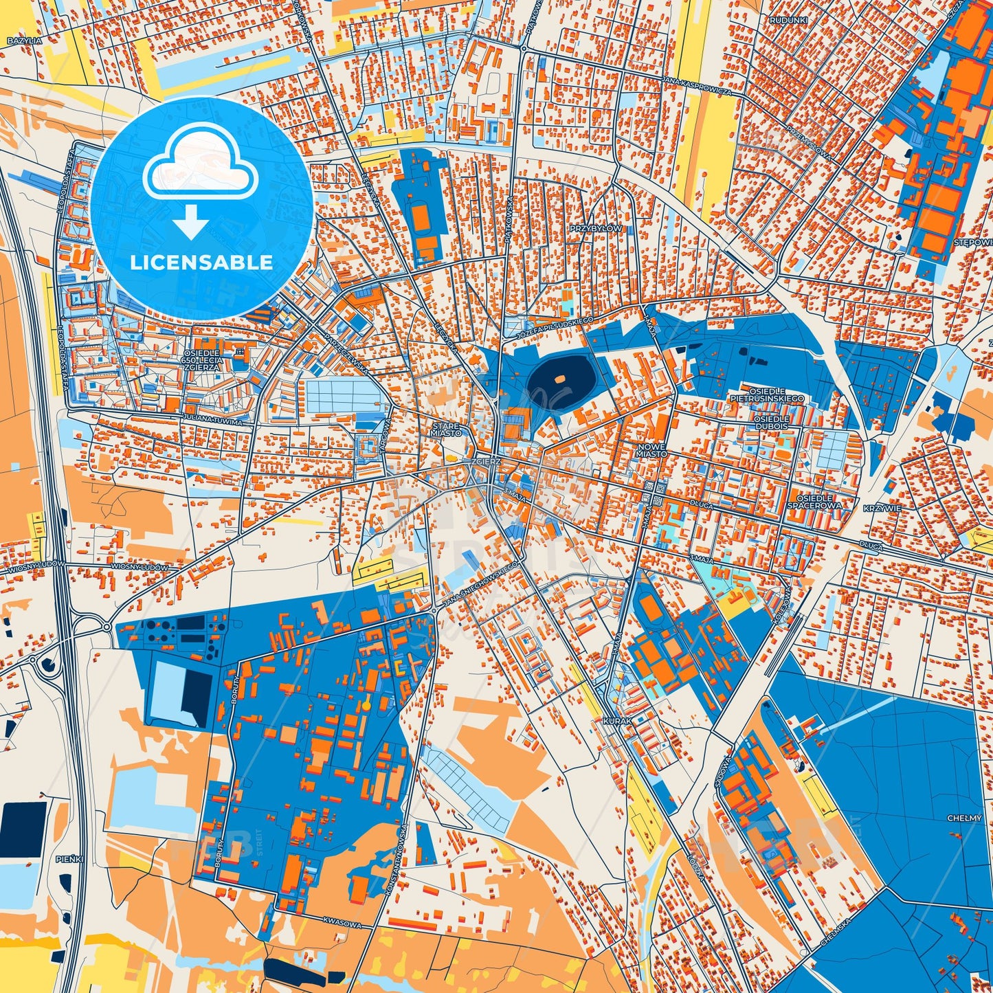 Colorful Zgierz Street Map with Labels and Buildings