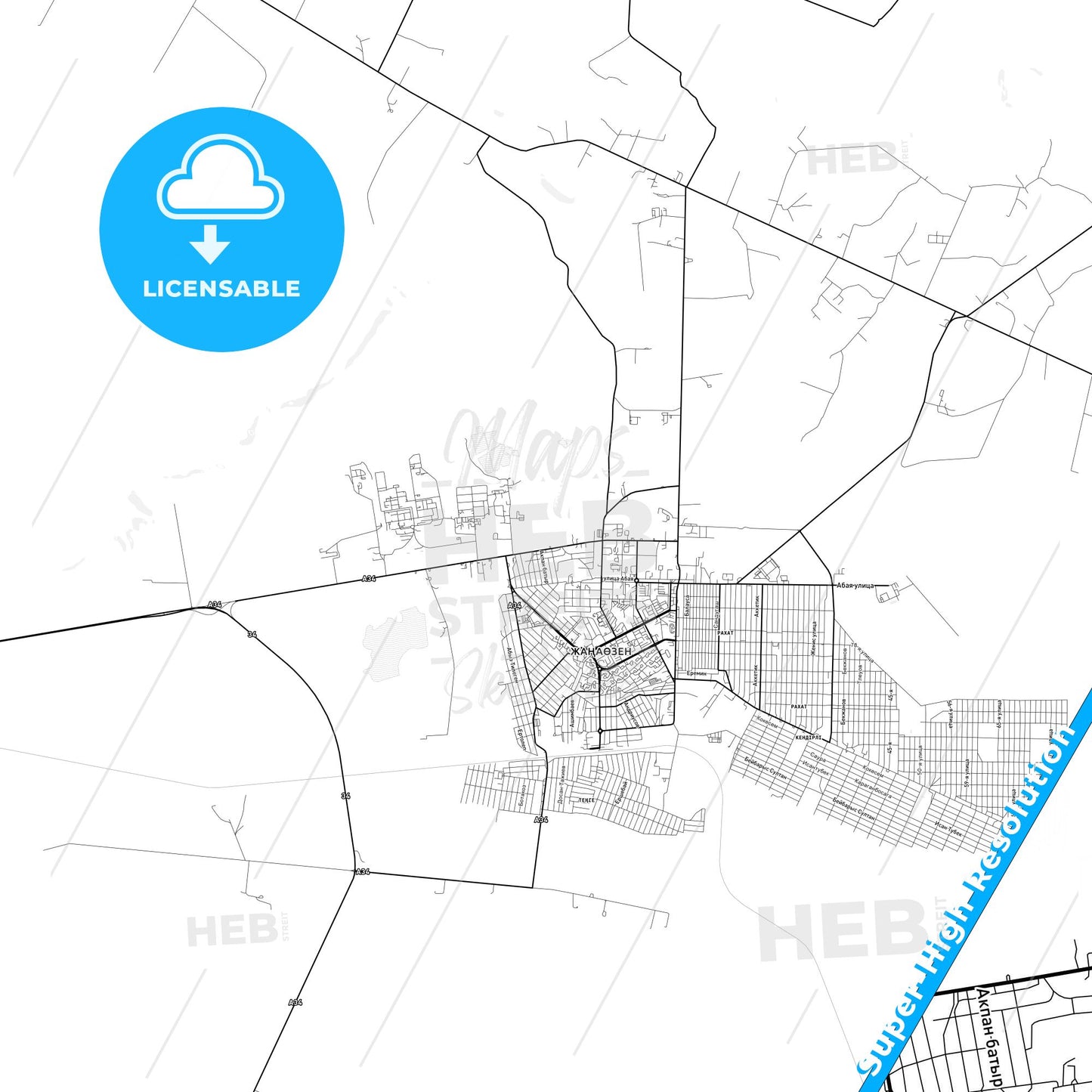 Zhanaozen, Kazakhstan light map with streetnames, citynames and districts